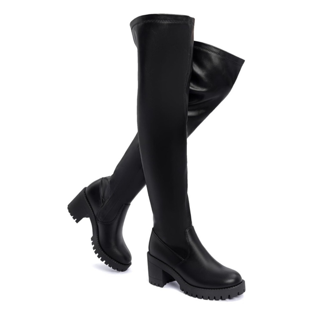 Black Block Heel Platform Over The Knee Boots - Picture 3 of 5